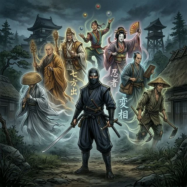 Shichihōde — the seven social disguises used by real shinobi spies: monk, priest, ascetic, merchant, acrobat, Noh actor, ordinary person — ninja museum tokyo asakusa