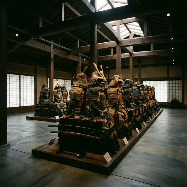 Row of samurai armor collection on display inside the Samurai Ninja Museum Japan exhibition hall