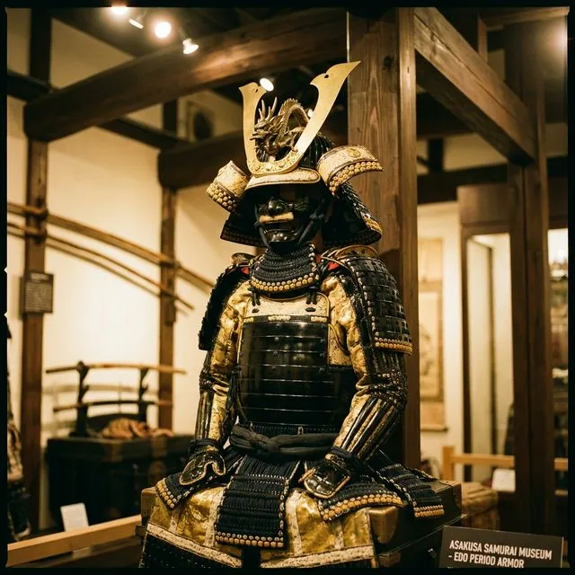 Authentic Edo-period samurai armor exhibit at the Samurai Ninja Museum Asakusa Tokyo