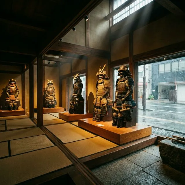 Samurai armor suits on display near window light at Samurai Ninja Museum Japan Asakusa gallery