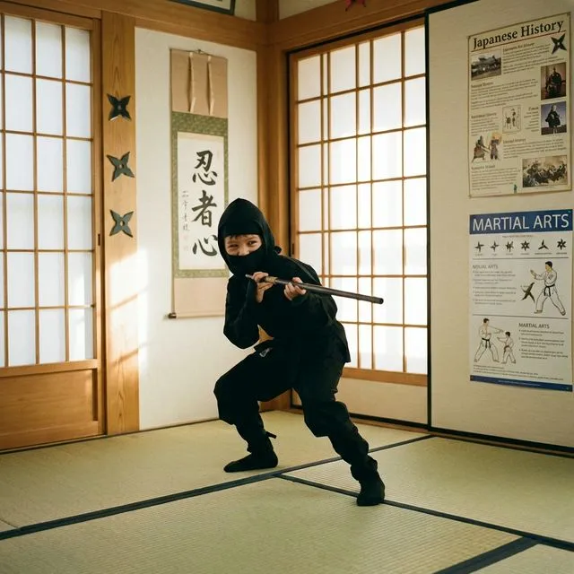 Child in full ninja costume practicing martial arts at the Samurai Ninja Museum kids ninja training Tokyo
