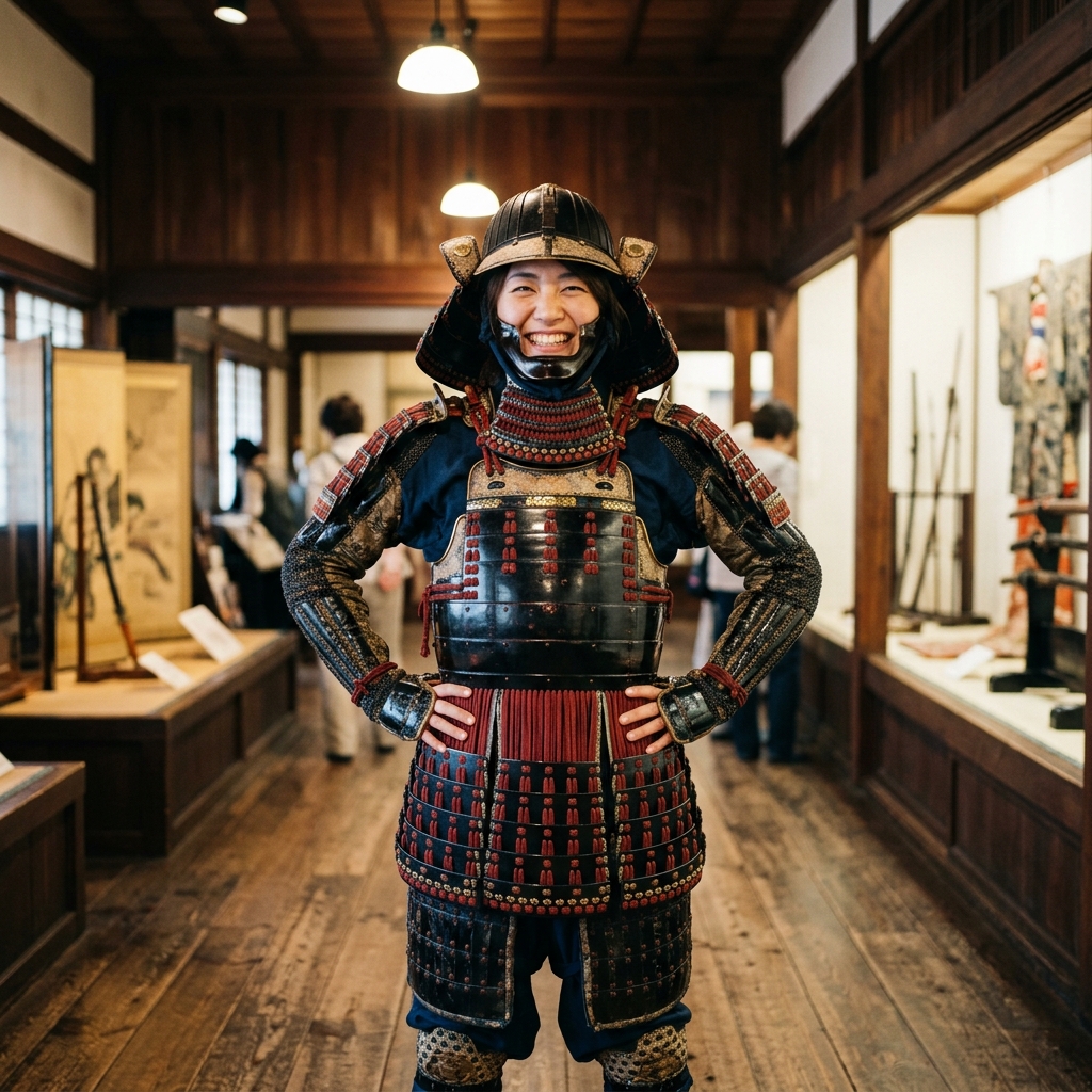 Samurai armor display at the Samurai Ninja Museum Kyoto — authentic Edo-period armor suits visitors can try on during guided tours
