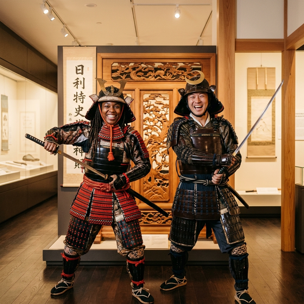 Samurai Ninja Museum Kyoto experience — visitors in samurai armor at the Maikoya museum in Japan's warrior capital