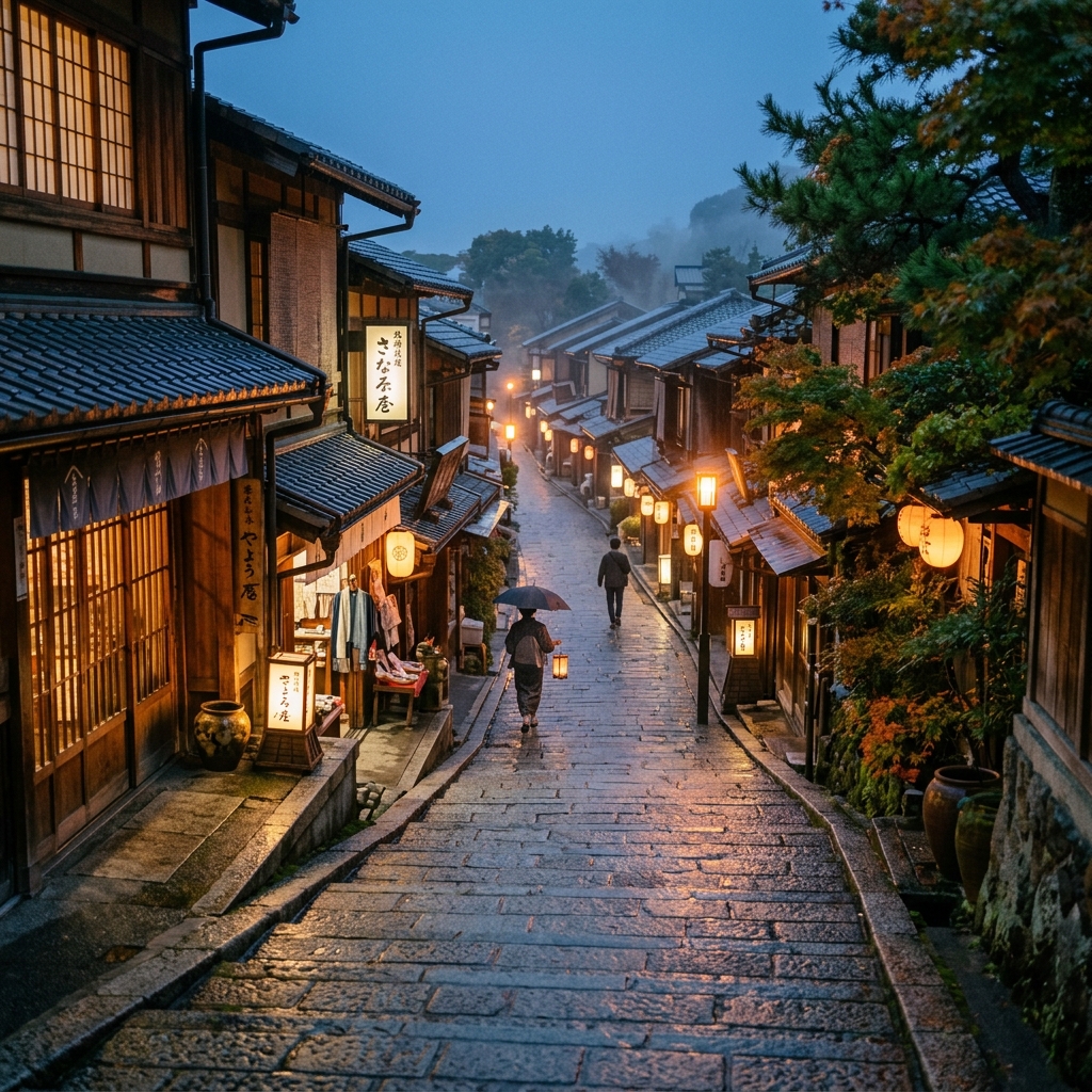 Higashiyama Sannenzaka preserved stone-paved lane at dusk — samurai-era streetscape in Kyoto near the Samurai Ninja Museum Kyoto