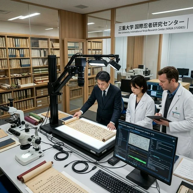 Modern ninja research at Mie University International Ninja Research Center — scholars analyzing ancient ninjutsu scrolls including the Bansenshūkai, the scholarship behind the samurai ninja museum tokyo