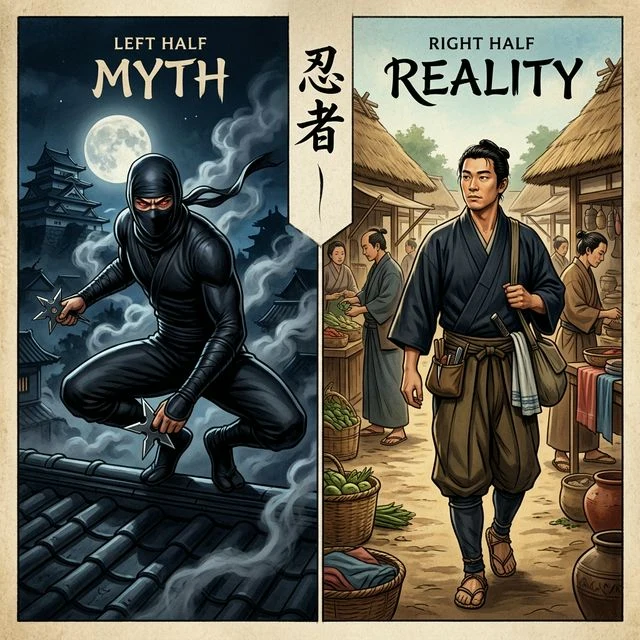Myth vs reality of ninja — theatrical black-suited ninja vs historical navy-blue intelligence operative, as shown at the samurai ninja museum asakusa tokyo