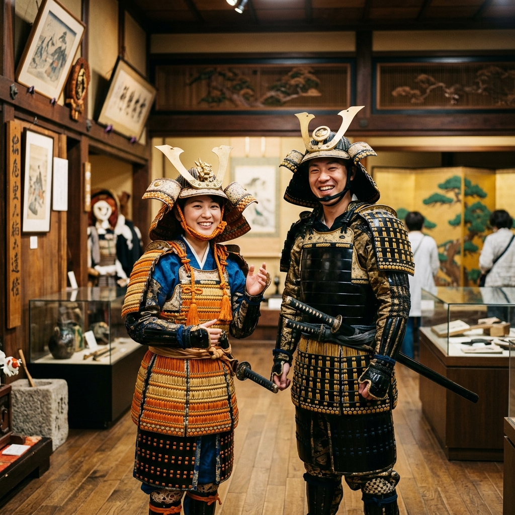 Samurai Ninja Museum Shinjuku experience — visitors in Edo-period armor at the Maikoya museum in Tokyo's Kabukicho district