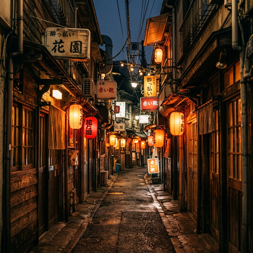 Golden Gai Shinjuku Tokyo at night — narrow alley with 200 tiny bars near the Samurai Ninja Museum Shinjuku, one of Tokyo's most atmospheric evening destinations