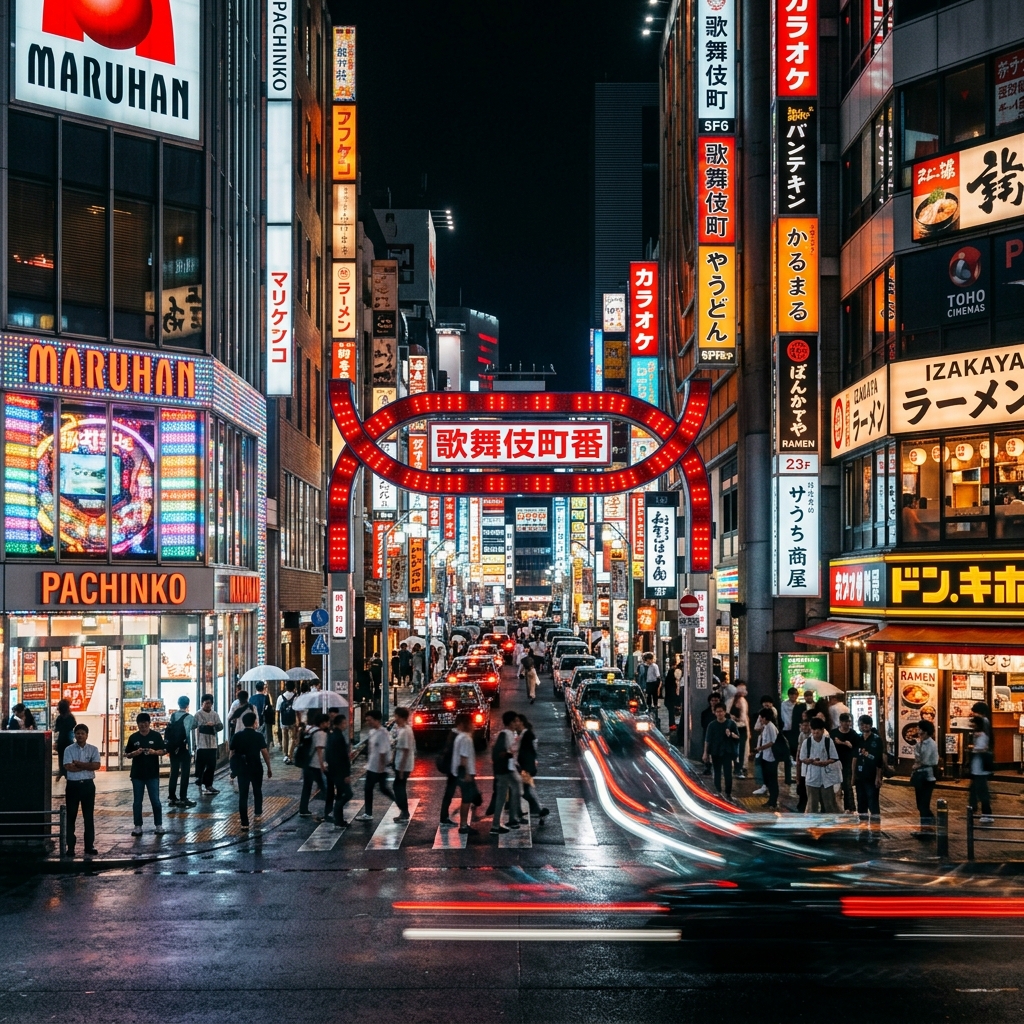 Kabukicho Shinjuku at night — Tokyo entertainment district near the Samurai Ninja Museum Shinjuku, with neon signs and street energy