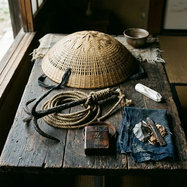 The Shinobi Rokugu — six essential ninja tools described in the Shōninki manual, on display at the samurai and ninja museum with experience asakusa tokyo