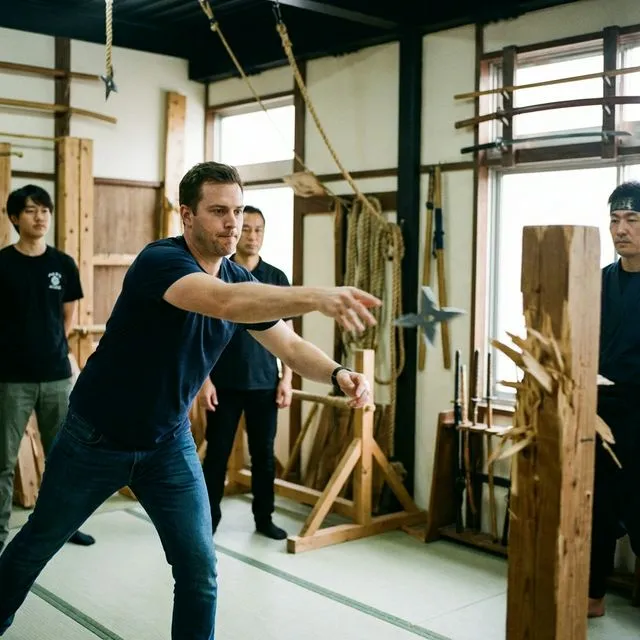 Visitor throwing ninja shuriken stars at the Samurai Ninja Museum Tokyo training dojo