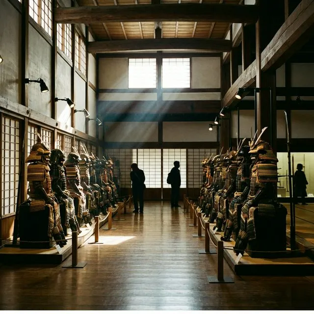 Visitors exploring the samurai ninja museum Tokyo gallery with rows of authentic Edo-period armor on display